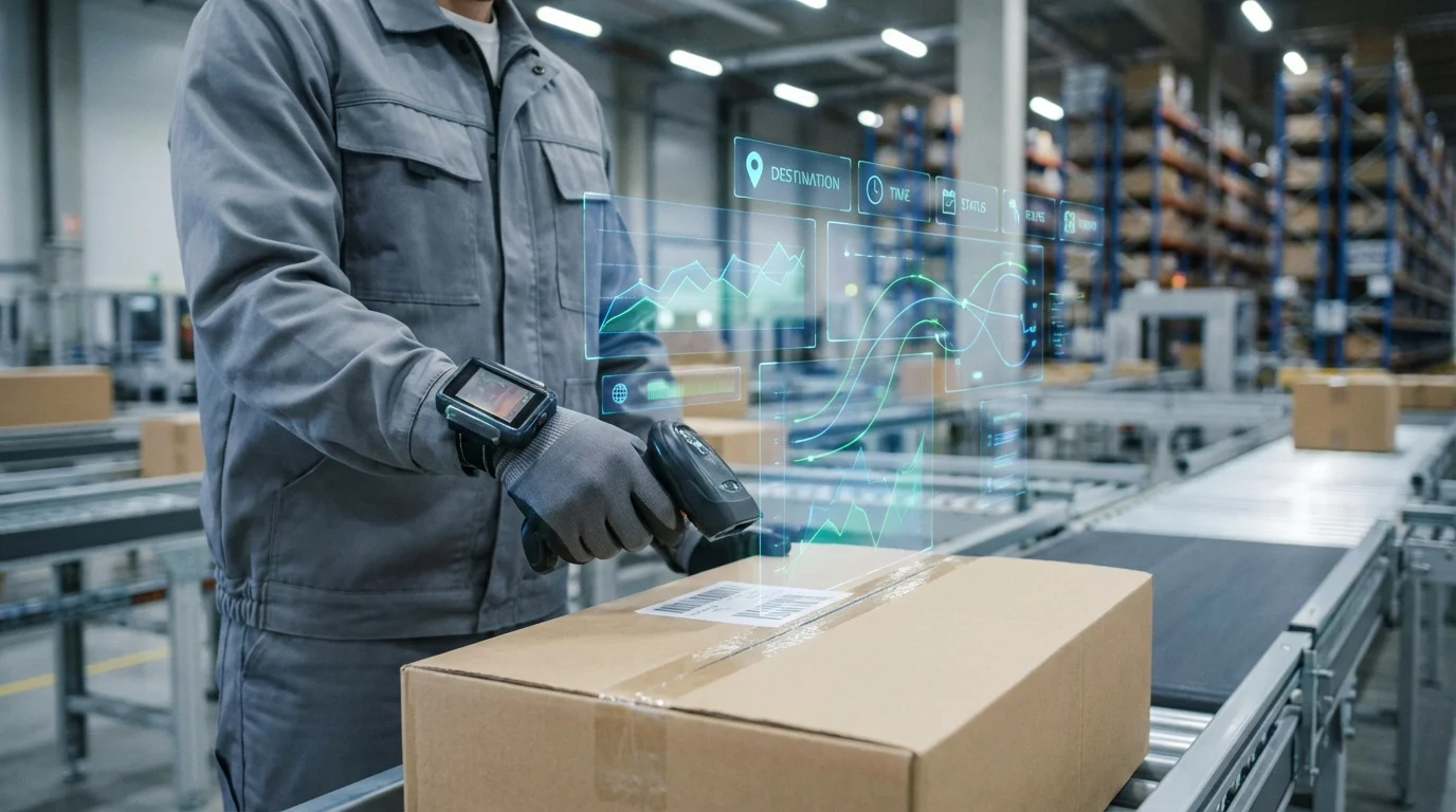 Close-up of a professional logistics worker scanning a barcode on a package in a modern distribution center with data visualization overlays for supply chain tracking.