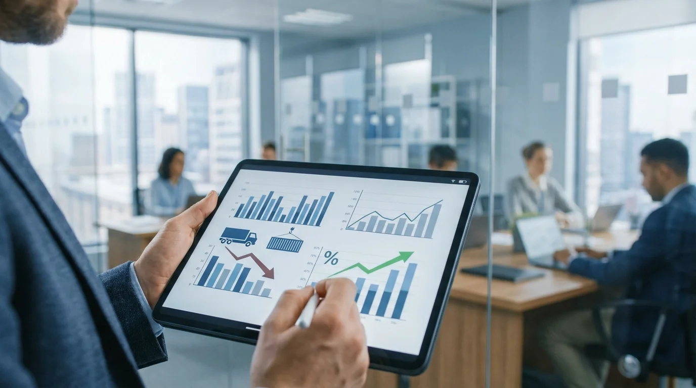 Business analyst reviewing financial performance charts on a tablet screen with professional office background, focusing on logistics cost optimization and ROI.