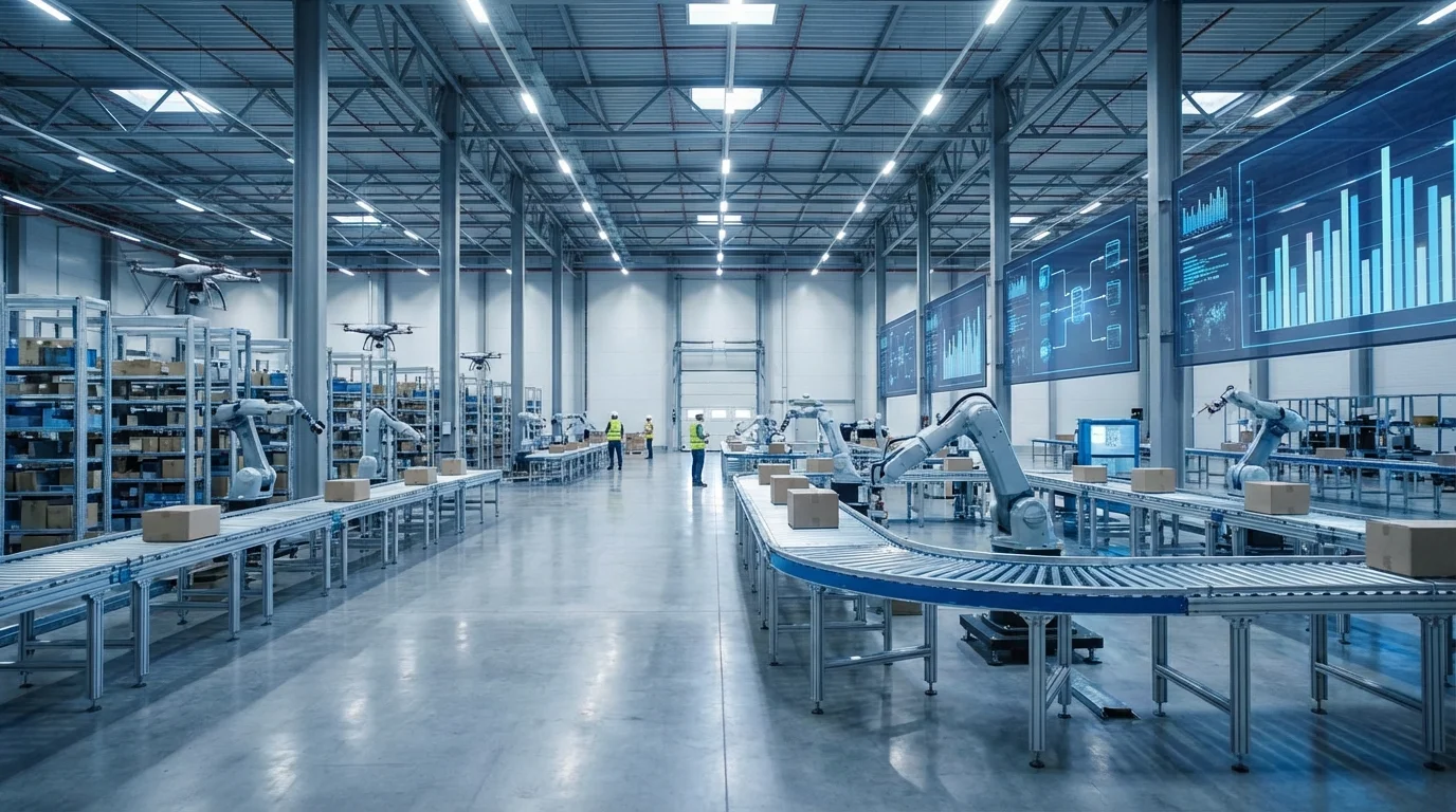 High-tech logistics center showing automated sorting systems and digital inventory tracking metrics, representing the efficient backend of global e-commerce subscription services.