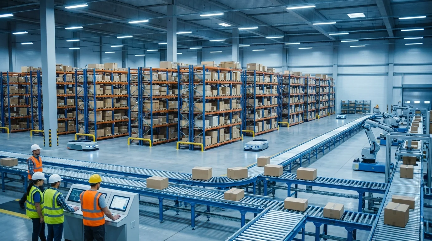 A high-tech logistics warehouse showing organized shelving units and automated systems, representing the efficiency of Amazon's fulfillment and marketplace infrastructure in a professional business setting.