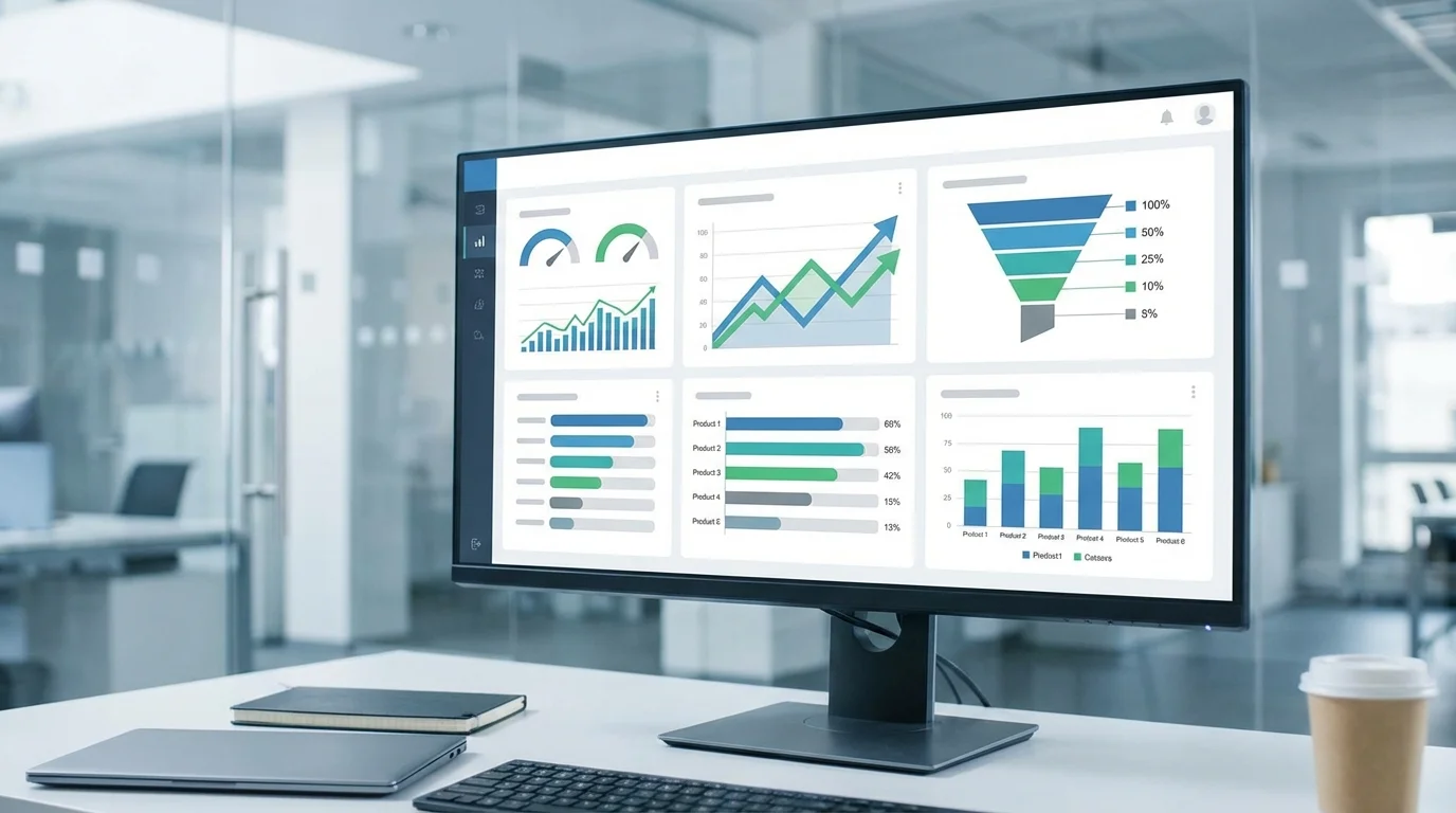 Professional business analytics dashboard showing conversion rates and sales performance metrics, illustrating the data-driven approach needed to win the Amazon Buy Box and optimize marketplace sales.