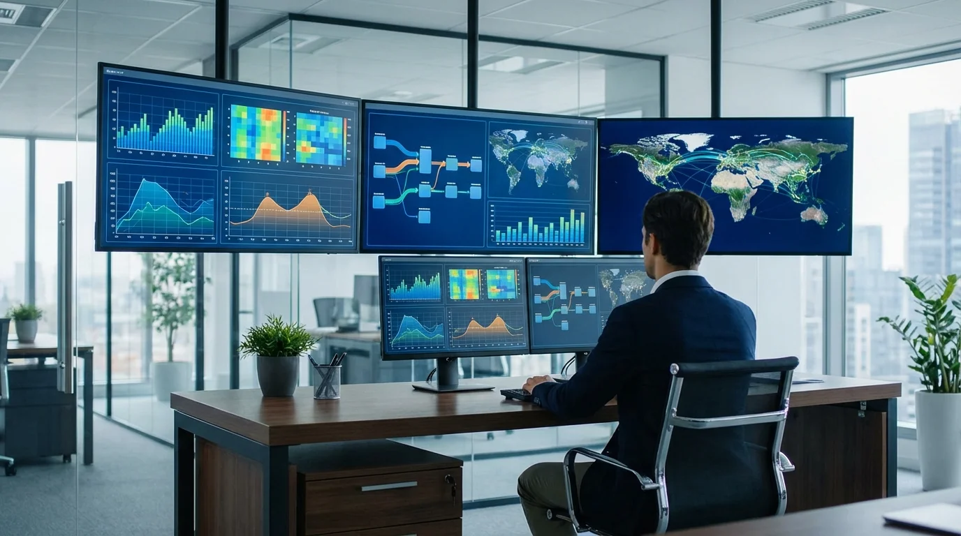 Professional business environment showing high-tech data analysis on multiple screens, illustrating the complexity of e-commerce inventory management and strategic pricing models for global marketplace sellers.