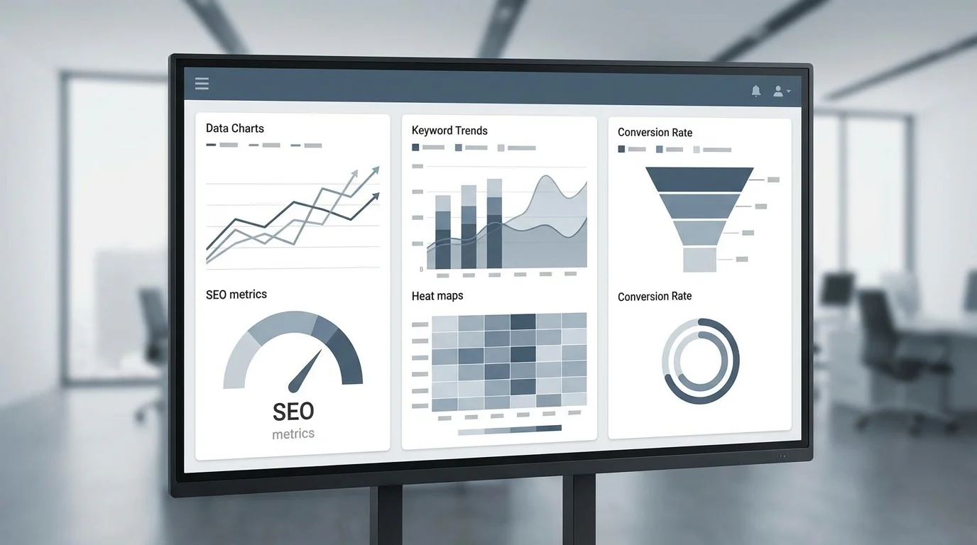 Detailed data visualization dashboard displaying search engine optimization metrics, keyword ranking trends, and conversion rate analysis for a sophisticated digital marketing strategy.