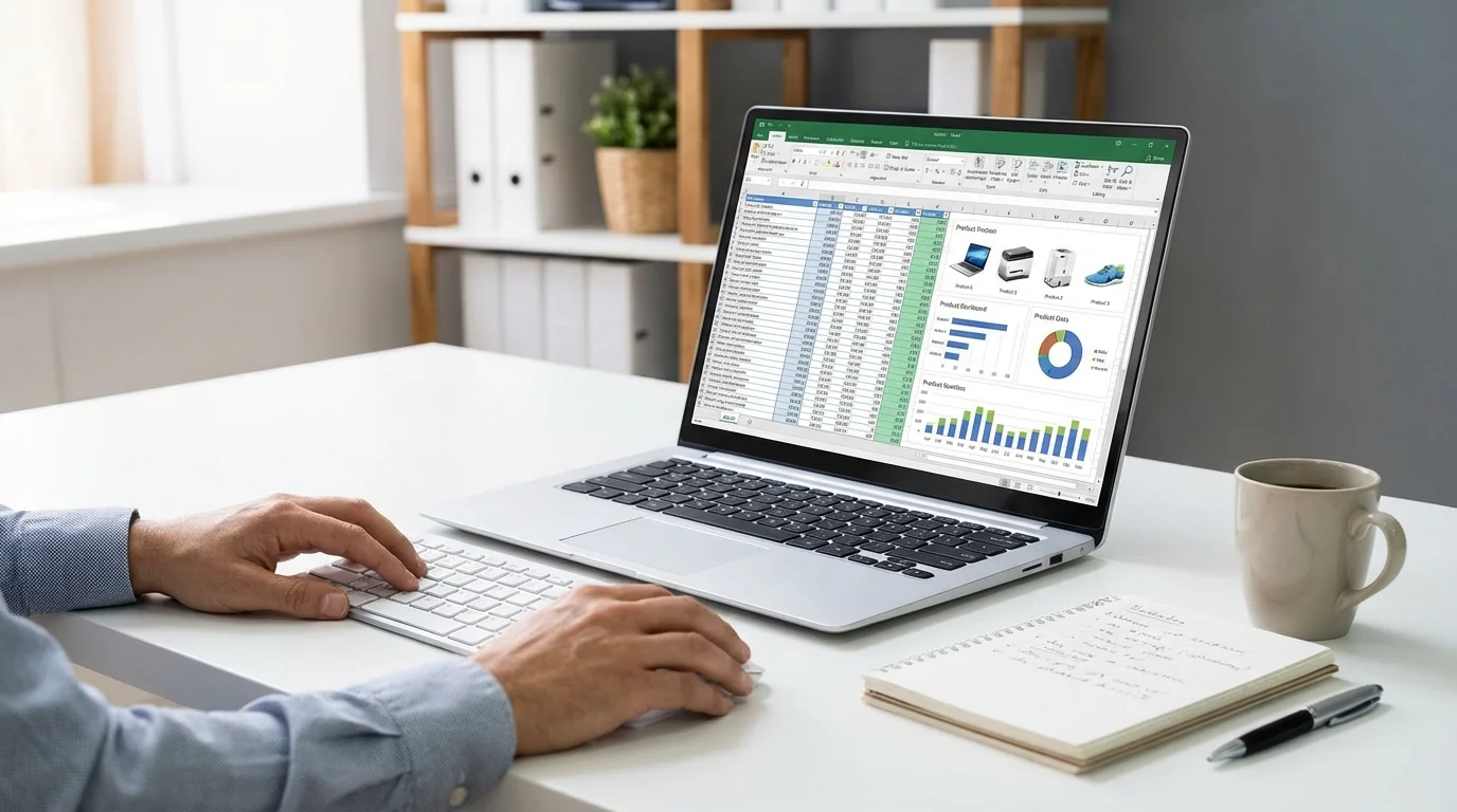 A professional workspace showing a merchant managing online product listings and inventory databases on a laptop, focusing on strategic data organization and digital catalog management for a growing e-commerce business.