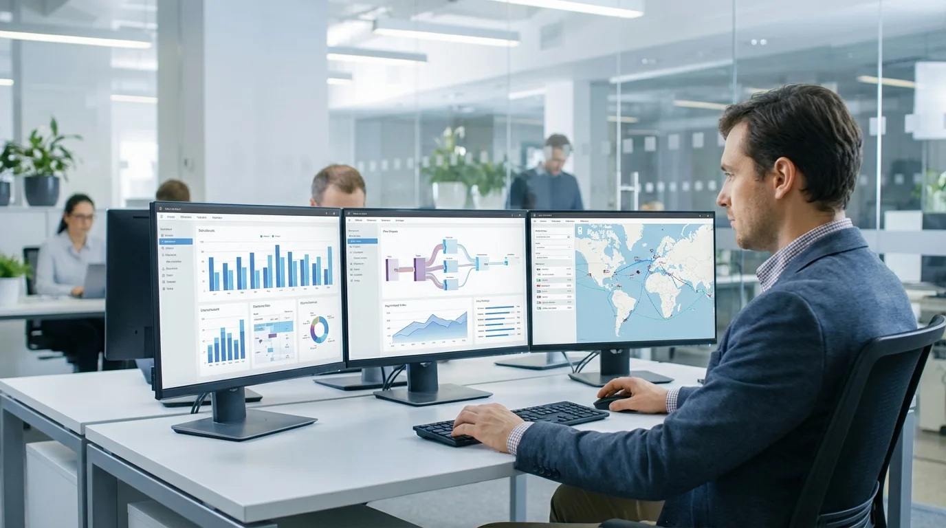 A professional business environment showing a data analyst reviewing inventory management software and supply chain metrics on multiple monitors to optimize operational workflows.