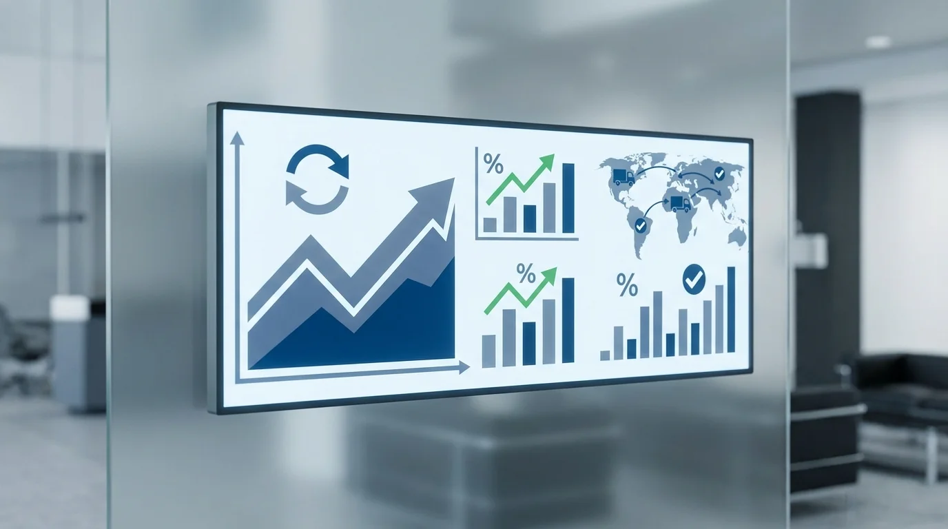 Digital dashboard displaying real-time e-commerce analytics, focusing on conversion rates, search engine ranking improvements, and logistics performance data for sellers.