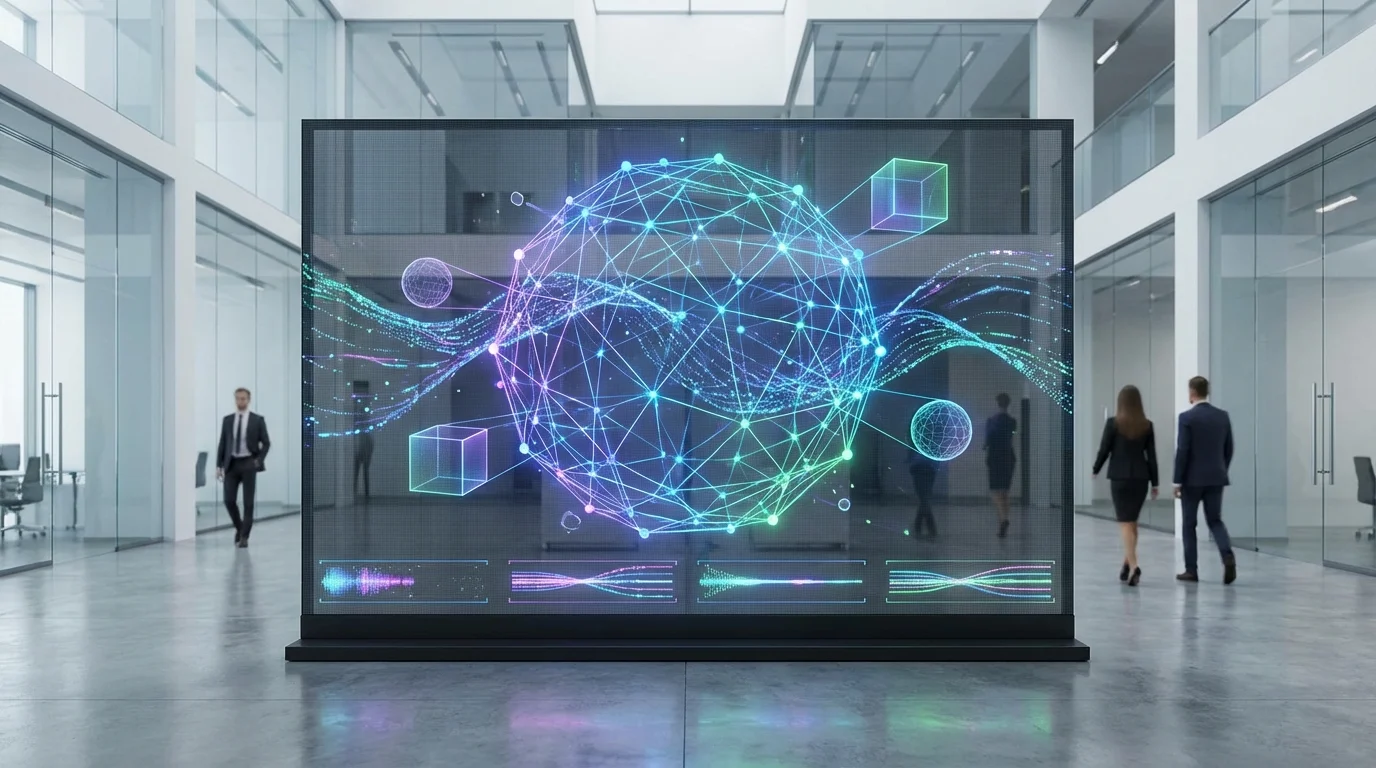 An abstract data visualization showing complex neural network connections and real-time sensor data streams processing object recognition patterns in a high-tech commercial environment.