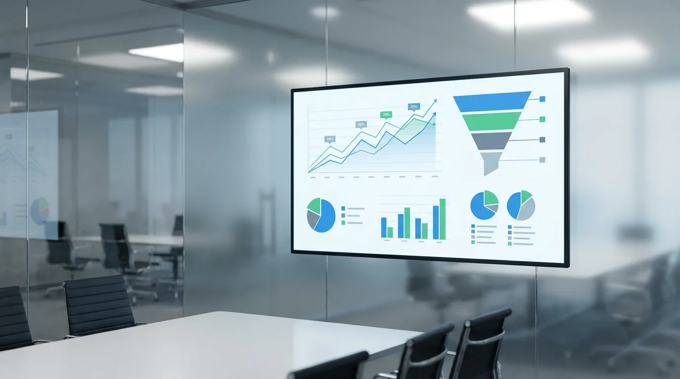 An analytical dashboard display showing real-time conversion rate metrics, sales funnel visualization, and comparative data charts for e-commerce performance optimization.