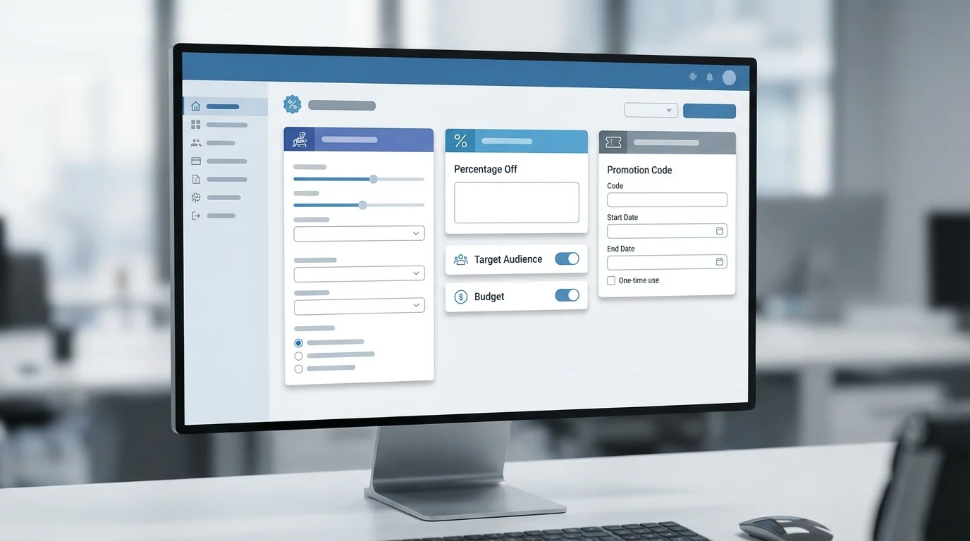A detailed screenshot and professional mockup of the Amazon Seller Central dashboard focusing on the promotion creation interface, showing various options for percentage off and promotion code settings for digital marketing managers.