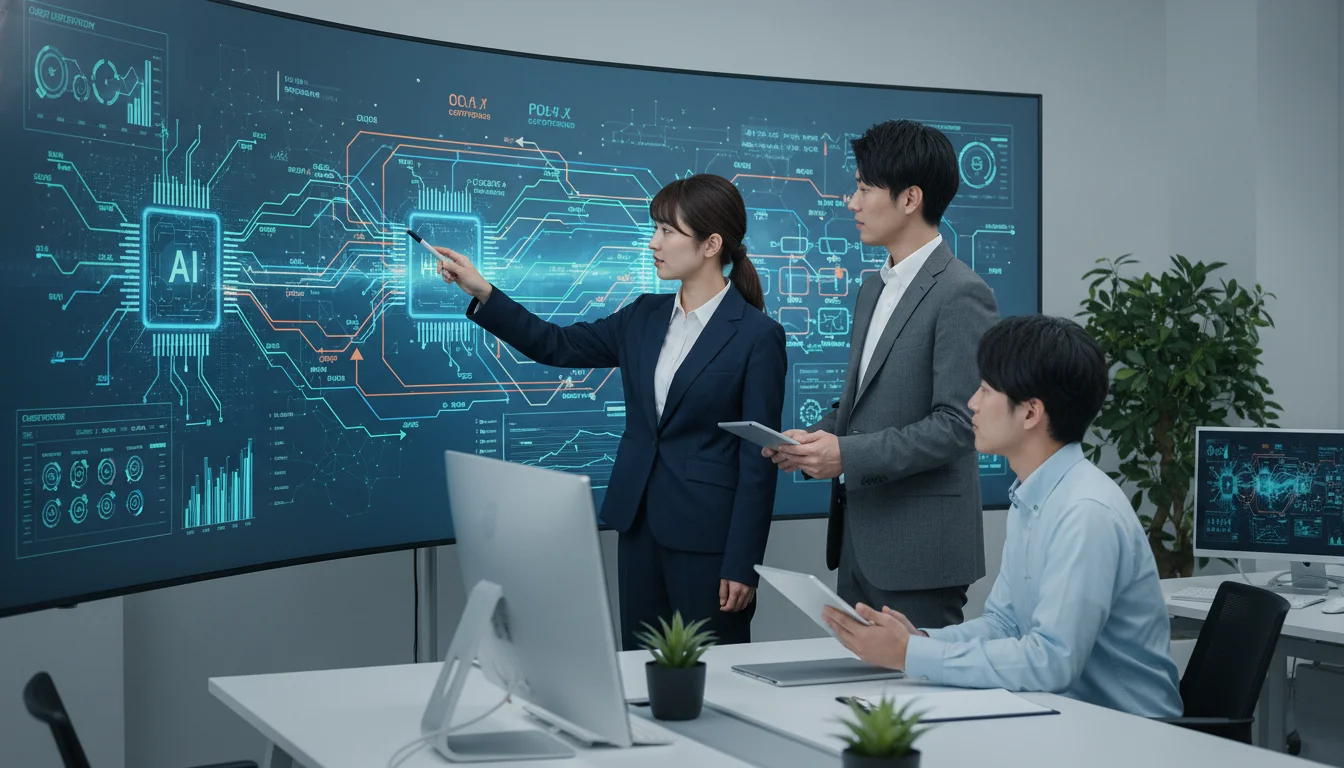 A professional business setting where a team analyzes a supply chain network on a large screen, focusing on cost-efficiency and logistics optimization through artificial intelligence.