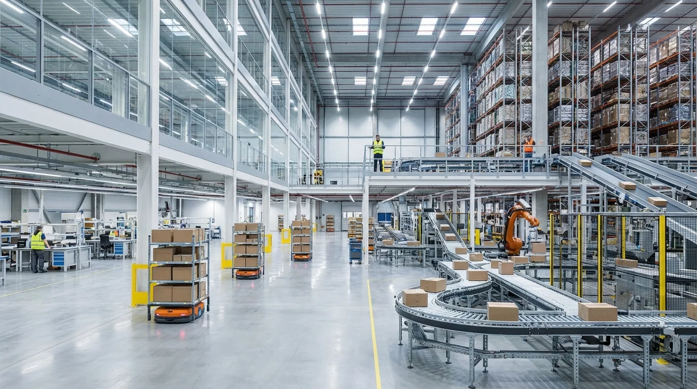 A high-tech logistics warehouse representing Amazon fulfillment centers where vendor products are processed, highlighting efficient supply chain management and large-scale inventory distribution systems.