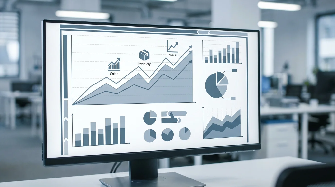 Detailed business analytics dashboard showing sales performance, inventory turnover rates, and financial forecasting metrics relevant to Amazon Vendor Central's 1P business model.