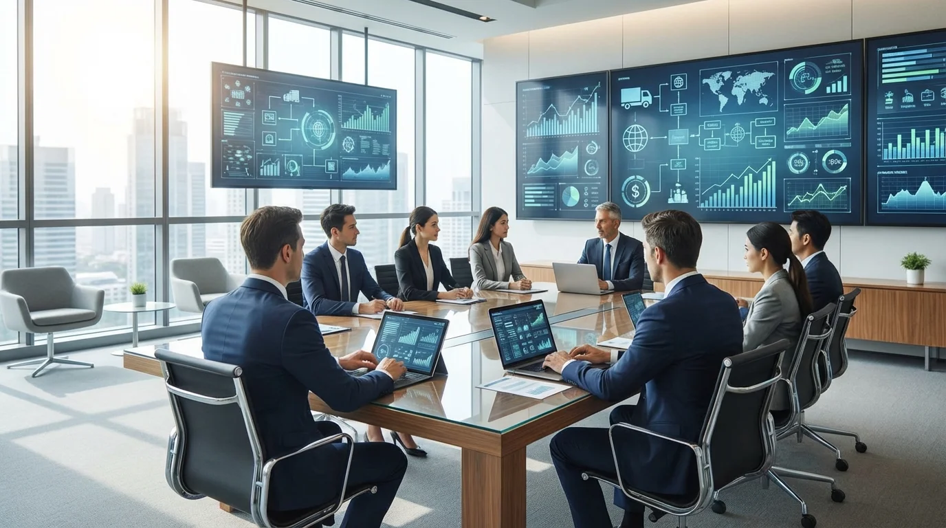 Strategic business planning session with charts and digital interfaces focusing on supply chain management and pricing optimization.
