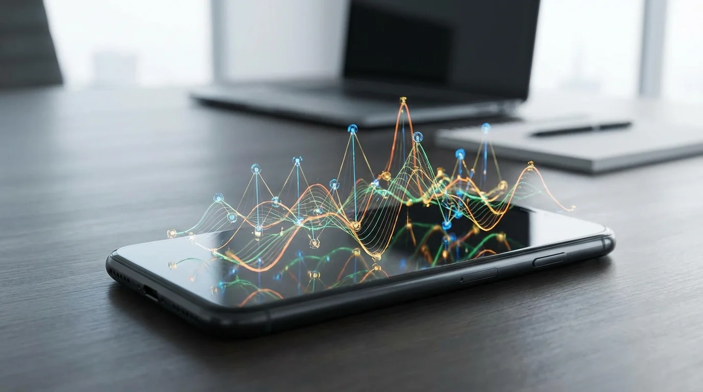 An abstract data visualization representing e-commerce price volatility with glowing digital nodes connected by fluctuating lines on a mobile interface, symbolizing high-tech market analysis and strategic purchasing.