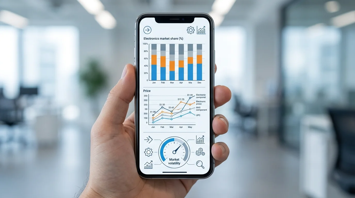 Detailed technical dashboard on a smartphone screen showing statistical analytics, bar charts, and historical price data points for electronics, illustrating professional-grade market research tools.
