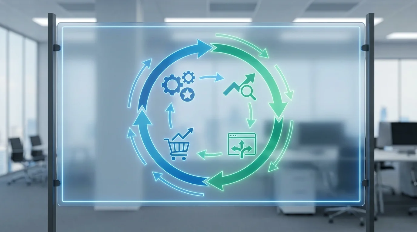 A conceptual business diagram illustrating the flywheel effect where high-quality customer reviews lead to better search rankings, increased traffic, and higher sales volume in a competitive marketplace.