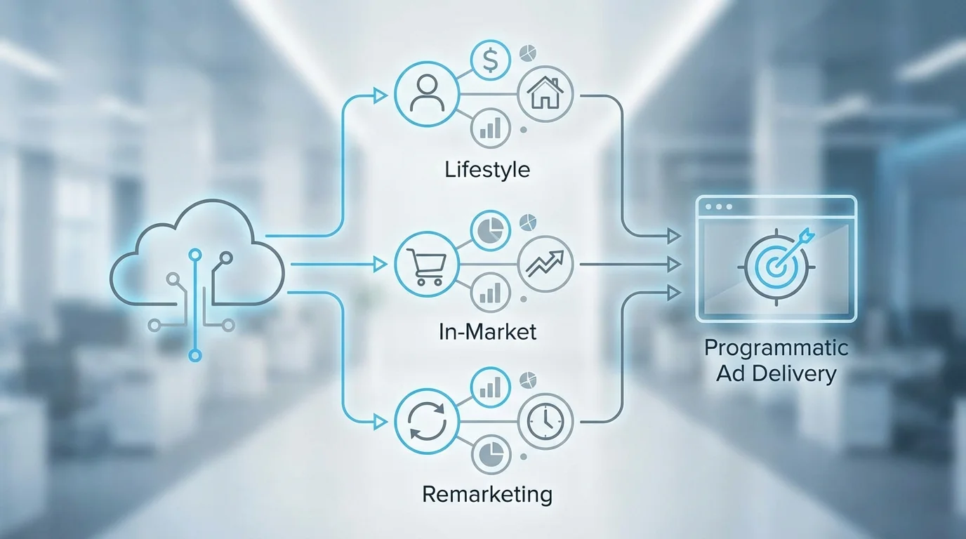 Technical diagram showing Amazon first-party data segments including lifestyle, in-market, and remarketing audiences for programmatic ad delivery.