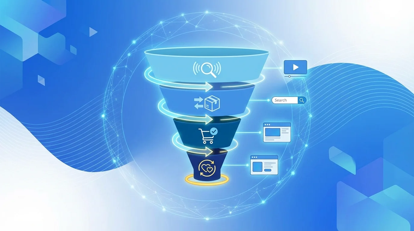 Business infographic illustrating the full-funnel marketing strategy from awareness and consideration to purchase and loyalty using Amazon advertising products.