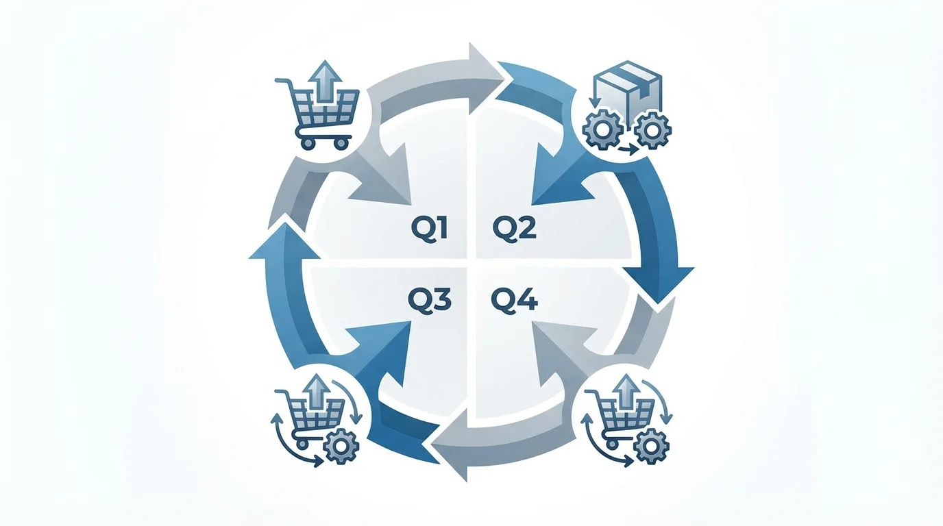 A professional technical diagram illustrating the quarterly e-commerce sales cycle, highlighting the four key peaks in March, June, September, and December with inventory management touchpoints.