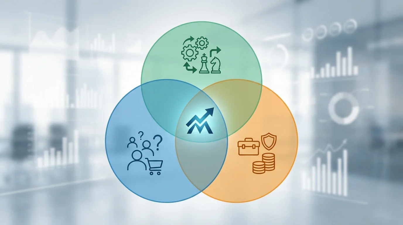 A business framework diagram showing the intersection of Customer needs, Competitor movements, and Internal Resource strengths specifically tailored for Rakuten marketplace peak season optimization.