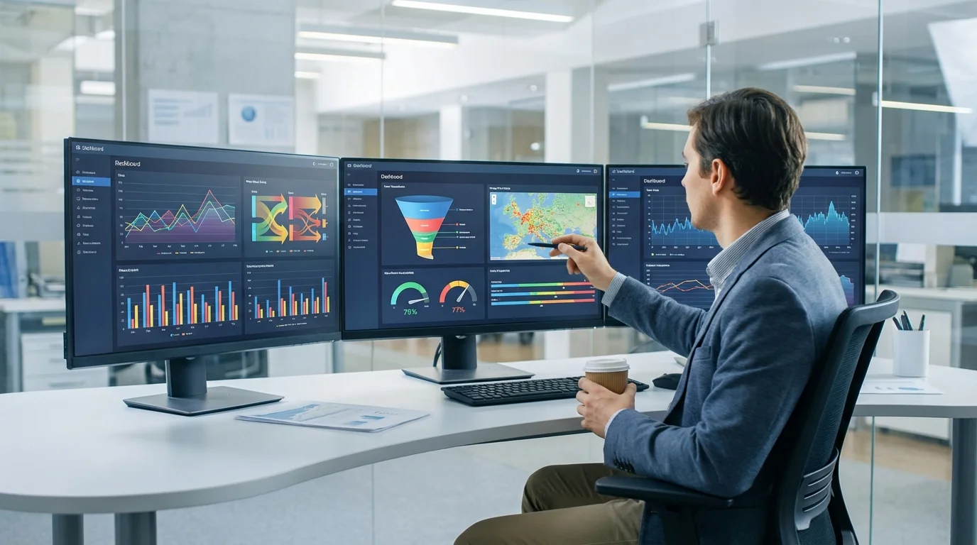 Professional data analyst reviewing e-commerce performance metrics on a multi-monitor setup, focusing on conversion rate optimization and traffic flow analysis during a high-volume retail promotion.