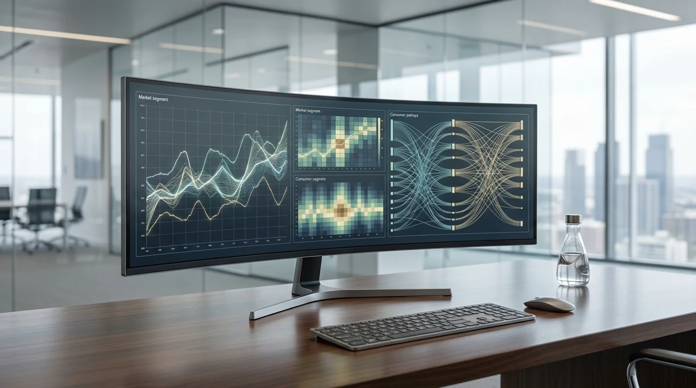 Sophisticated data visualization software processing complex market trends and consumer behavior patterns for strategic e-commerce planning in the 2026 fiscal year.