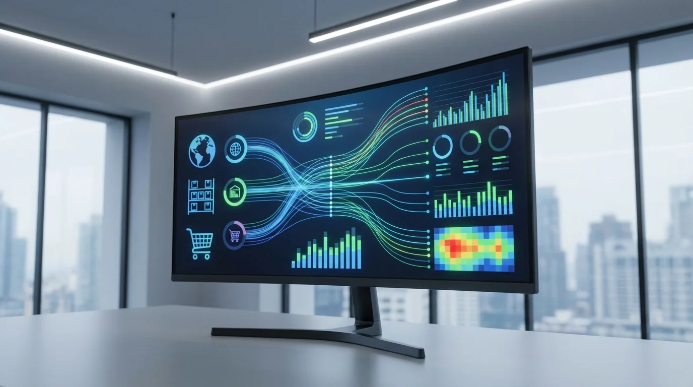 Advanced AI dashboard displaying real-time predictive demand forecasting and inventory optimization metrics for multi-channel e-commerce operations.