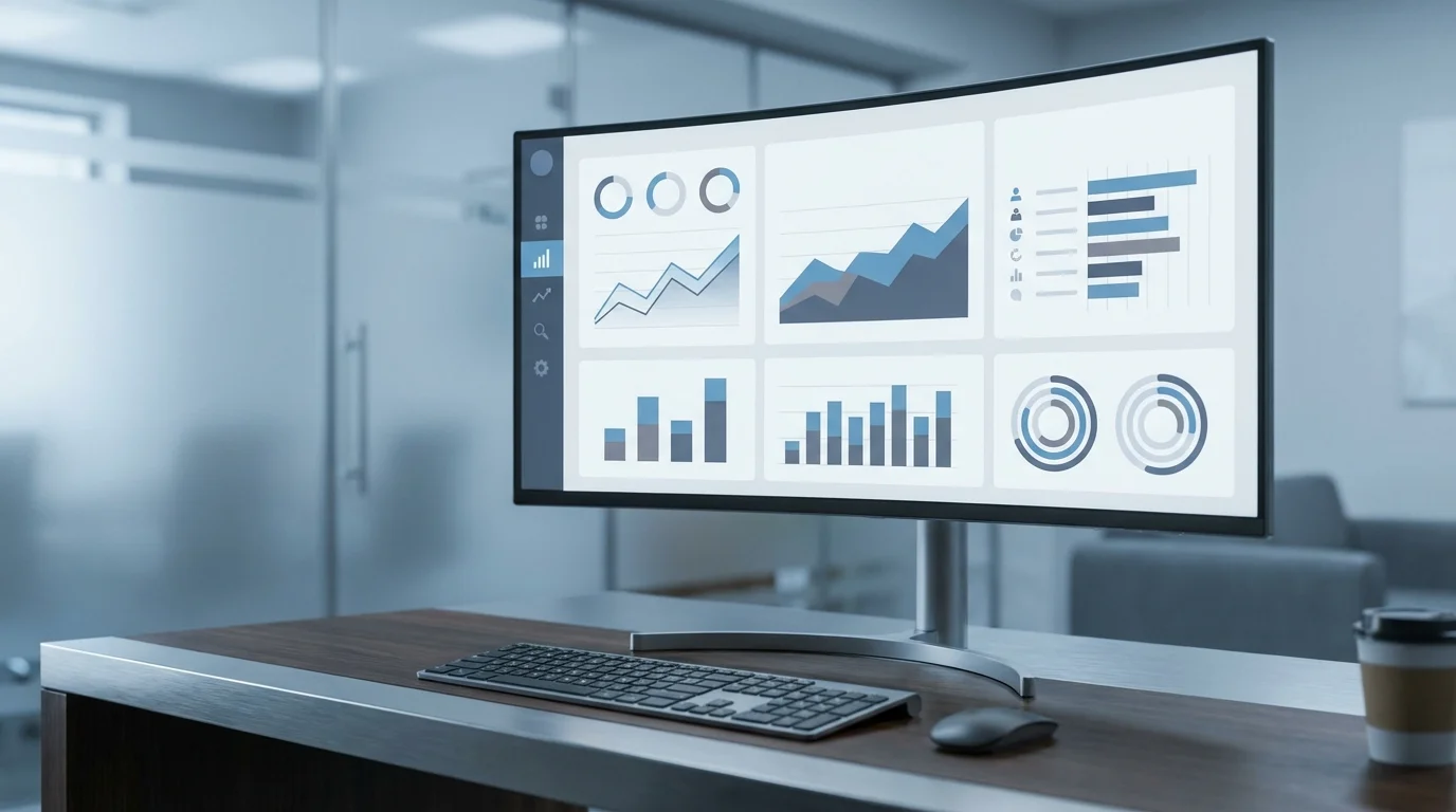 A data visualization dashboard showing e-commerce performance metrics, conversion rates, and growth charts in a modern blue and slate office environment, highlighting strategic planning.