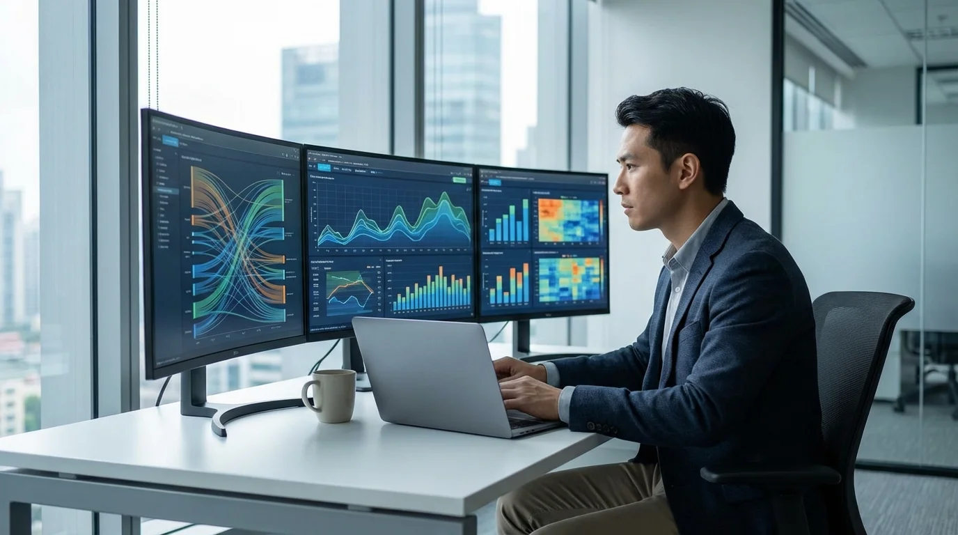 A professional data analyst reviewing complex e-commerce performance metrics on multiple screens, showing charts of point redemption trends and consumer behavior analysis for a major online marketplace in 2026.