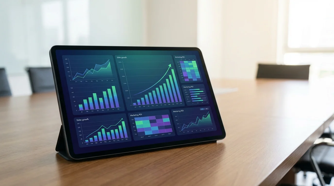 Close-up of a digital tablet displaying complex data visualization and bar graphs representing sales growth and marketing ROI analysis for high-volume retail transactions.