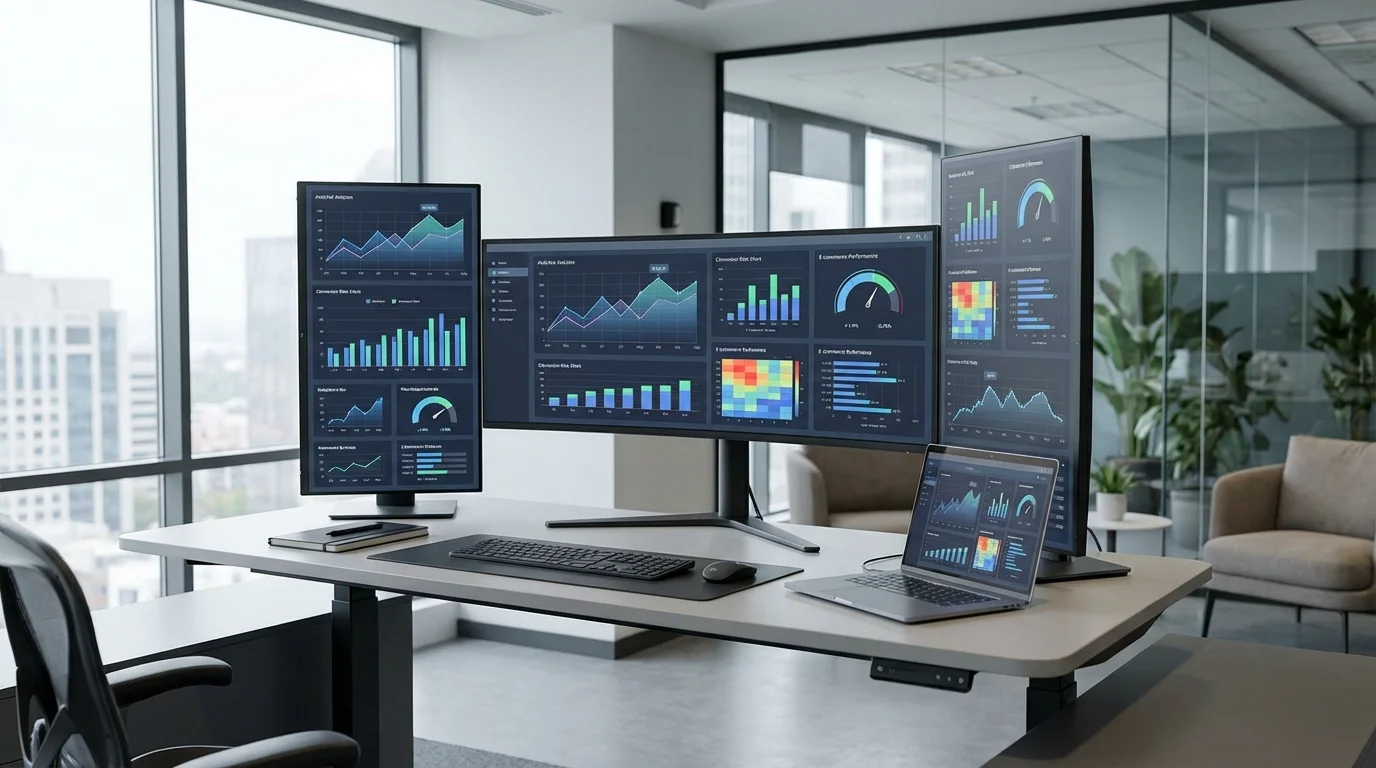 A professional workspace with multiple digital displays showing analytical data, conversion rate metrics, and e-commerce performance indicators.