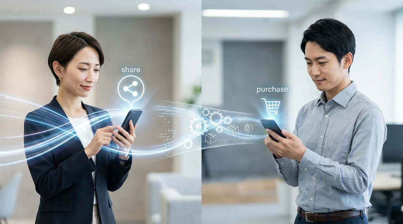 A conceptual visual showing a digital connection between a smartphone user sharing a product and another user purchasing it, representing the Rakuten Room affiliate ecosystem and social commerce flow.