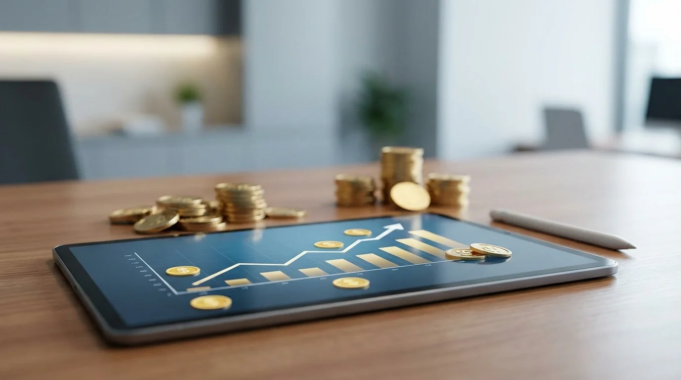 Close-up of a digital tablet displaying financial growth charts and gold coins, symbolizing the accumulation of Rakuten Cash and affiliate rewards through strategic social commerce activities.