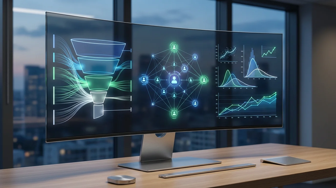 A high-tech dashboard displaying real-time analytical data, conversion funnels, and user engagement graphs. The interface shows complex statistical distributions and performance tracking for e-commerce marketing campaigns.