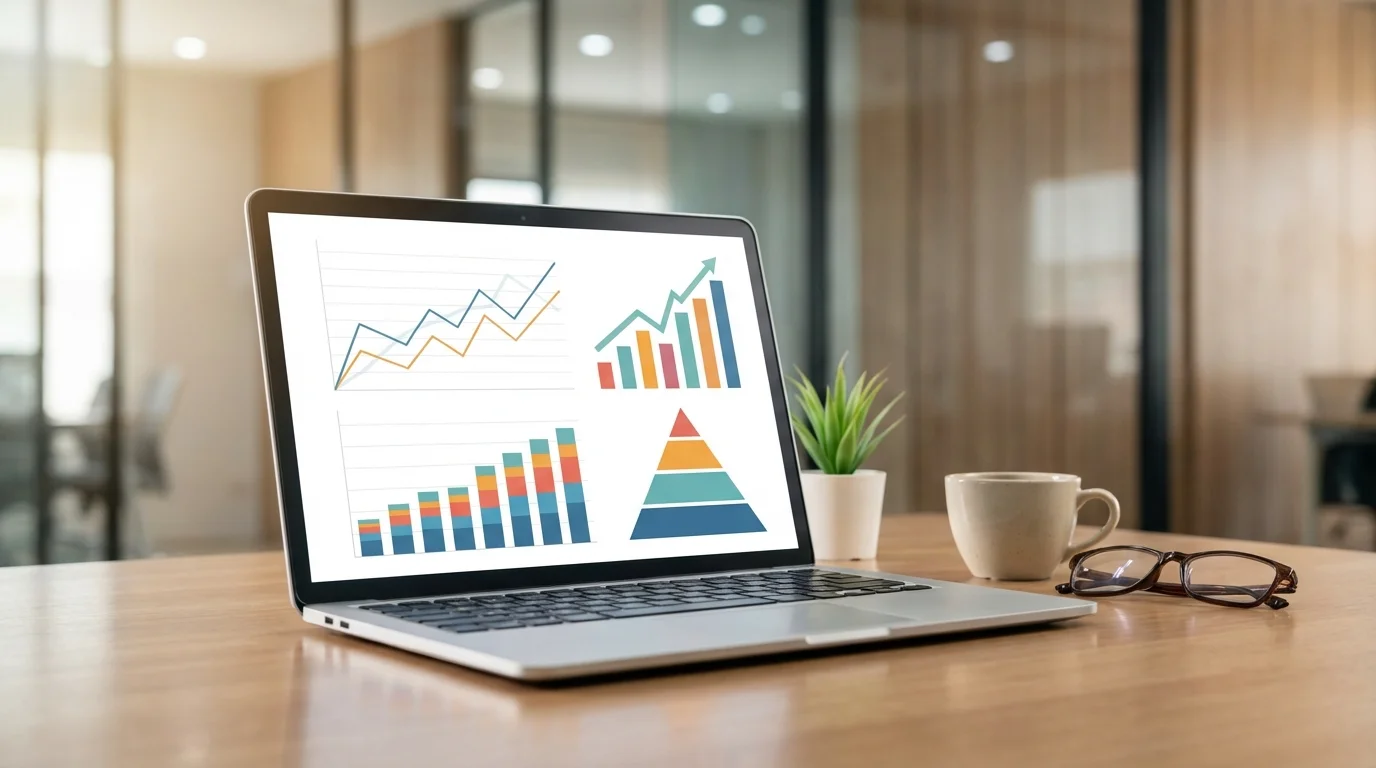 Professional business environment showing a laptop with analytics software displaying growth trends and performance tiers, symbolizing the hierarchical reward structure of digital platforms.