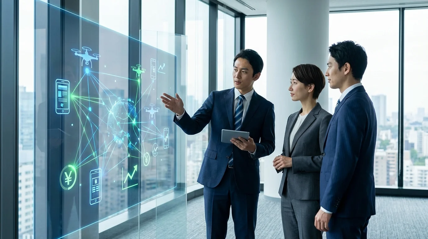 A professional business concept image illustrating the integration of logistics networks and digital ecosystems in 2026. It features abstract nodes connecting delivery drones, smartphones, and financial icons to represent the diverse touchpoints of modern e-commerce.