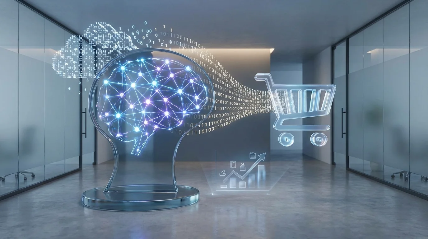 An artistic representation of artificial intelligence algorithms processing large-scale consumer data for e-commerce ranking optimization. Visual includes glowing neural networks and binary code flowing into a digital shopping cart.