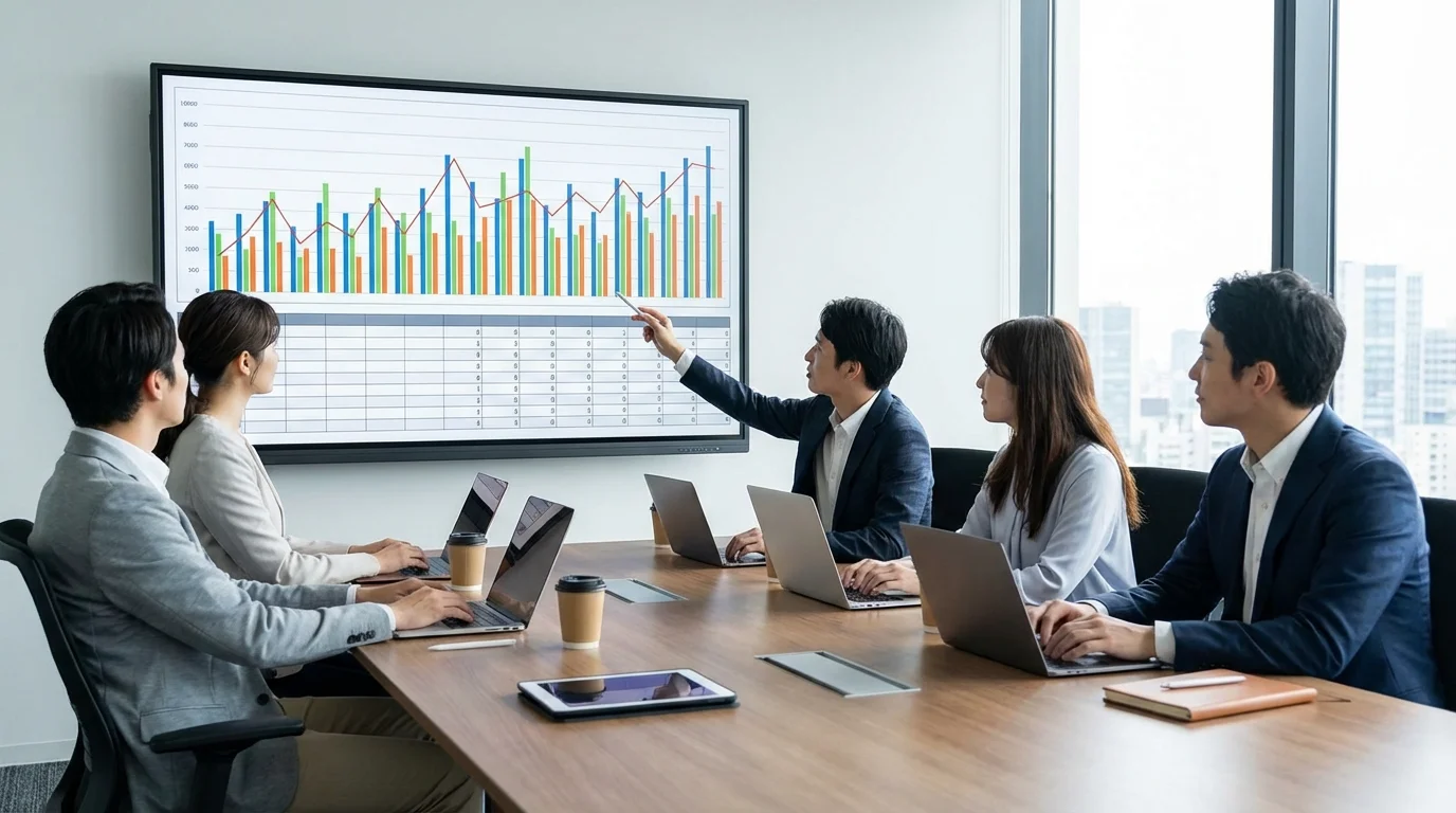 E-commerce business strategy meeting showing a team analyzing various product categories and profit margins comparing different online marketplaces through complex spreadsheet data and visual charts.