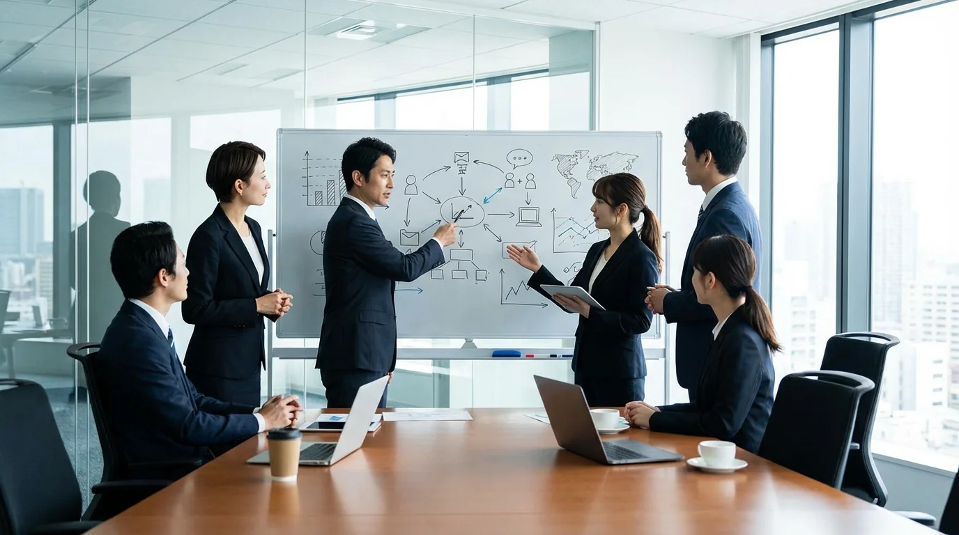 A professional business team analyzing a strategic roadmap on a large whiteboard, discussing market entry strategies and platform comparative analysis for a global retail expansion project.