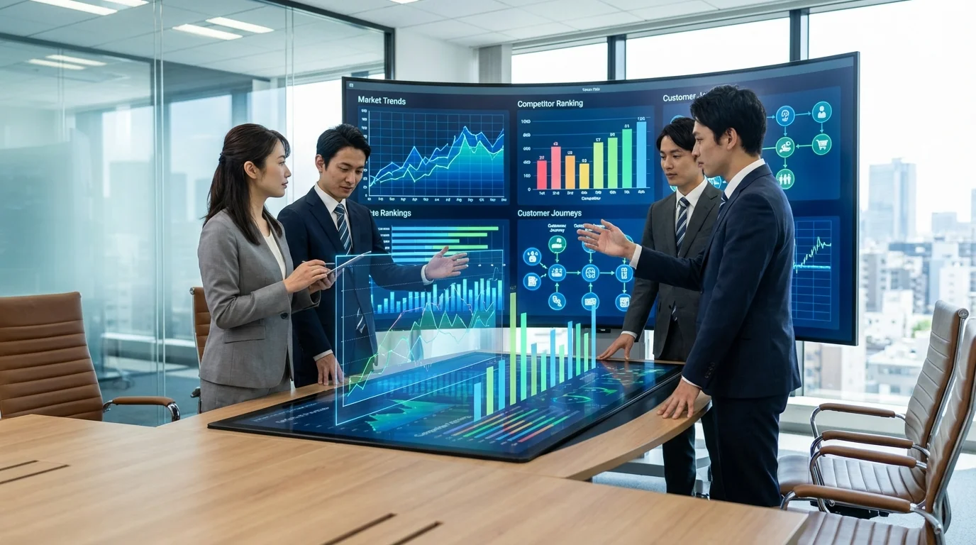 Strategic business planning session showing a team analyzing e-commerce market trends, competitor keyword rankings, and customer behavior flowcharts on a high-tech interface.