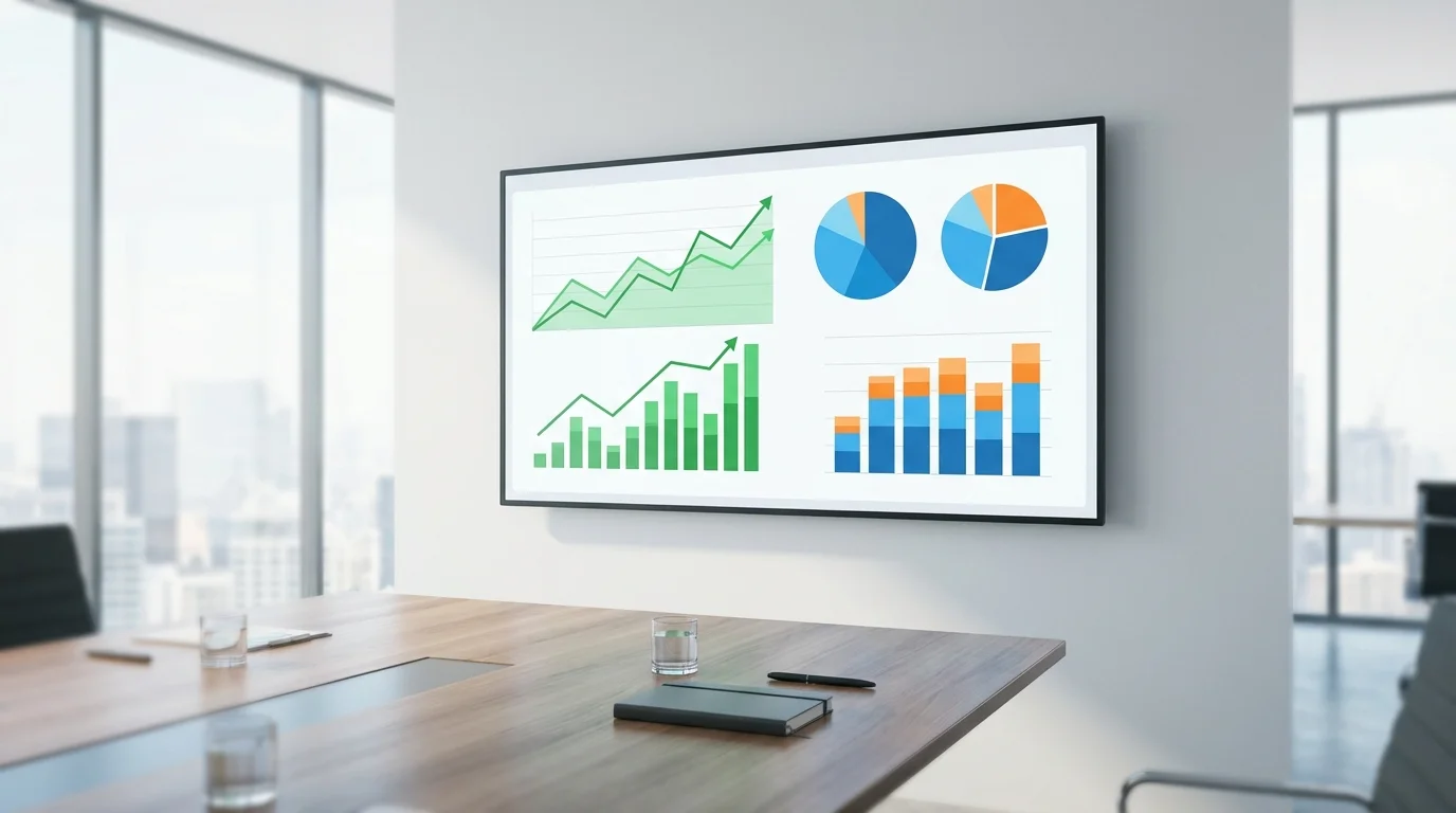 Business data analytics dashboard showing financial growth and cost distribution metrics in a professional setting, symbolizing the analysis of platform fees and profit margins.