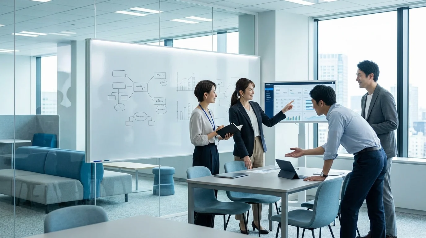 A diverse team of e-commerce experts collaborating in a modern office environment to develop a comprehensive growth strategy for a Rakuten merchant.