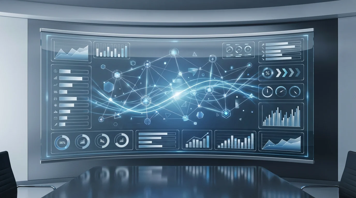 A high-tech data visualization interface with interconnected nodes and business performance metrics, representing the complex yet organized structure of an enterprise resource planning and management system.
