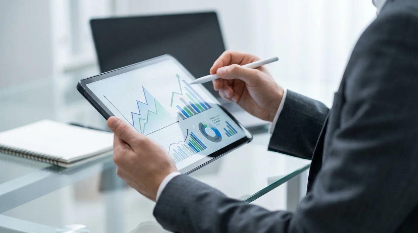 A close-up of a person analyzing business trends on a digital tablet with line graphs and bar charts, emphasizing the importance of data-driven decision making in e-commerce shop management.