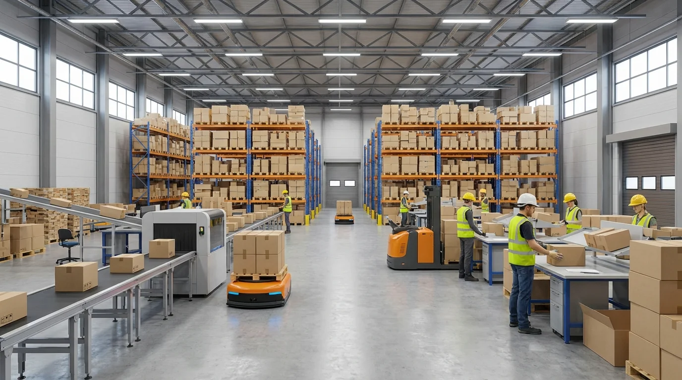 A professional logistics and fulfillment center visualization showing organized inventory management and high-speed shipping processes necessary for achieving top-tier merchant status on e-commerce platforms.