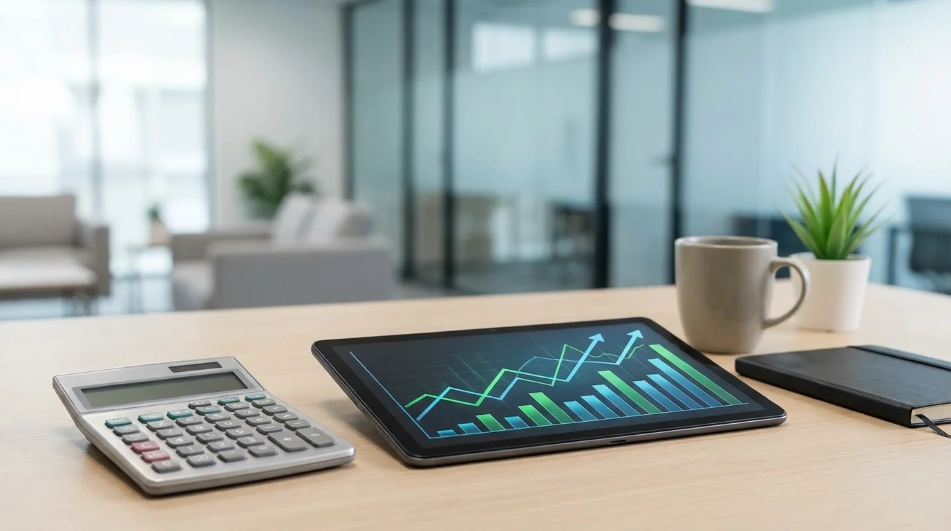 A professional workspace with a clean aesthetic featuring a high-end calculator, a digital tablet displaying financial trends, and a focused atmosphere, representing the meticulous planning required for ROI optimization in digital shopping.