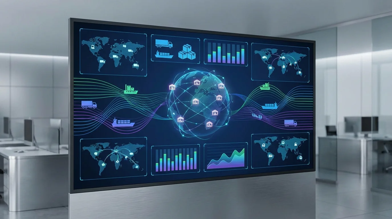 A high-tech dashboard displaying real-time e-commerce logistics and inventory tracking data for operational efficiency.
