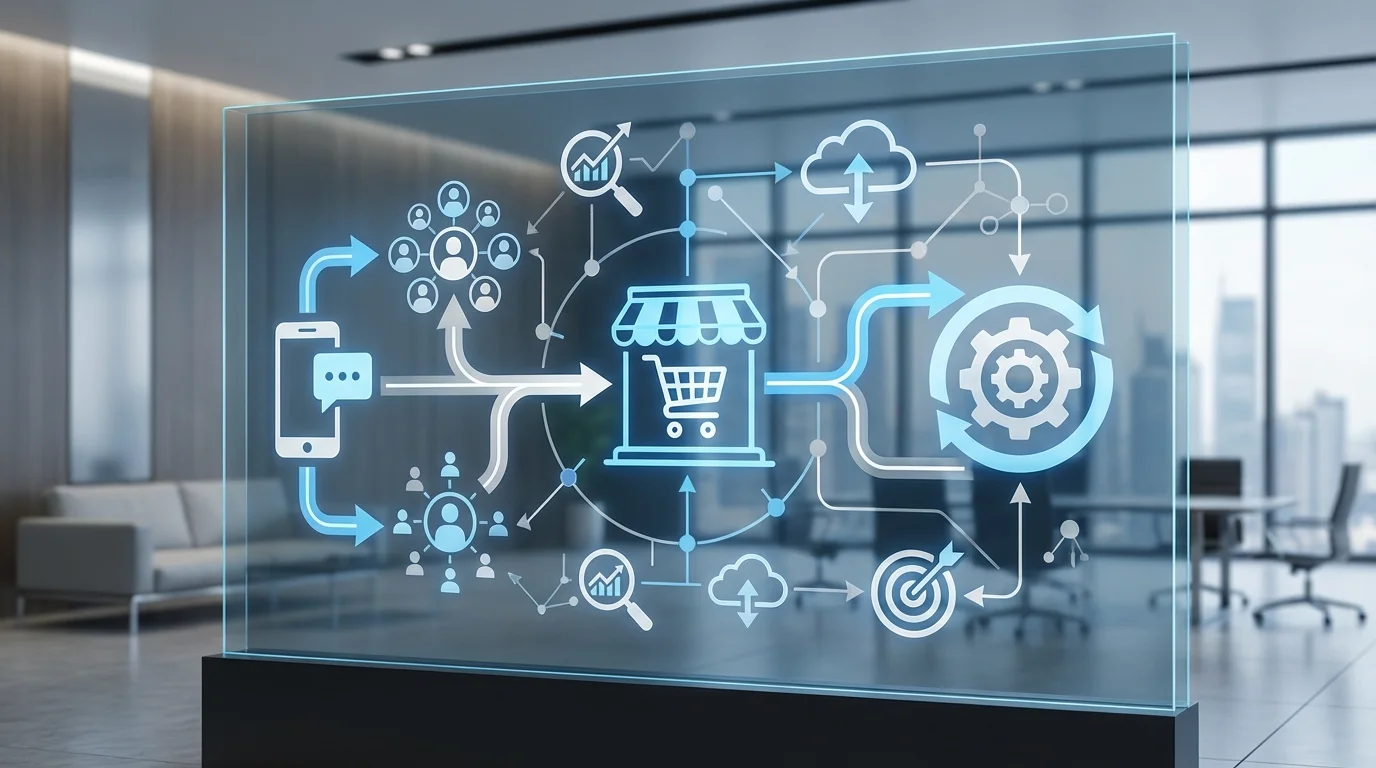 A strategic marketing roadmap illustrating the integration of messaging apps and online marketplace platforms to drive customer retention, featuring complex flowcharts and strategy icons.