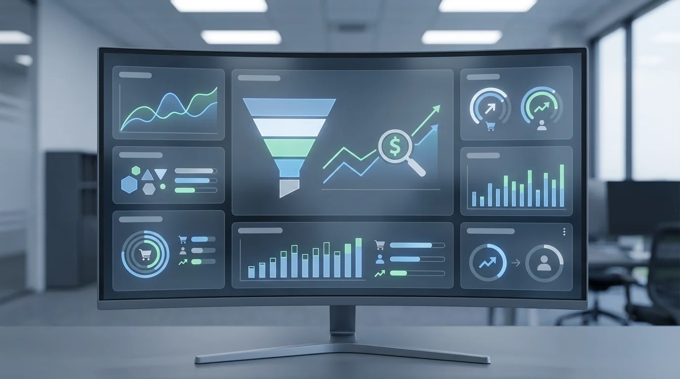 Technical representation of a data dashboard showing click-through rates and conversion metrics for an e-commerce platform, highlighting the performance of cost-per-click advertising models.