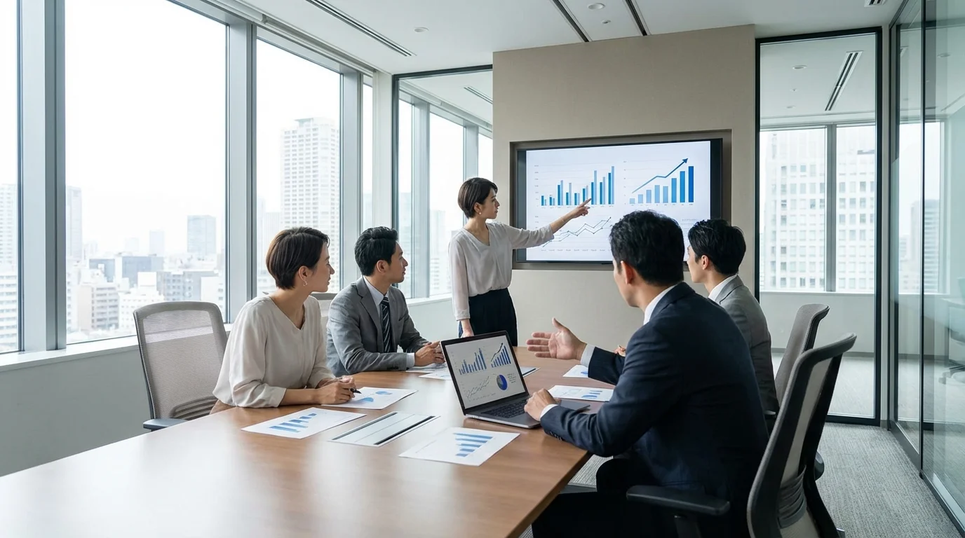 A professional business setting where team members are discussing digital strategy and e-commerce growth plans using a laptop and data visualizations to optimize online sales.